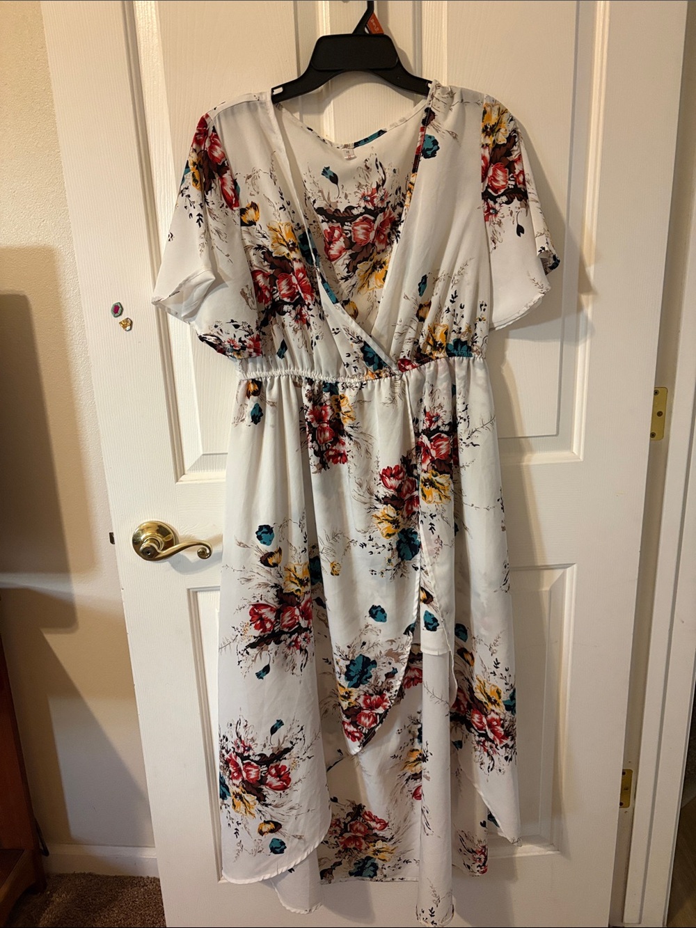 Rosegal White High-Low Floral Wrap Dress with Red, Yellow & Teal Accents